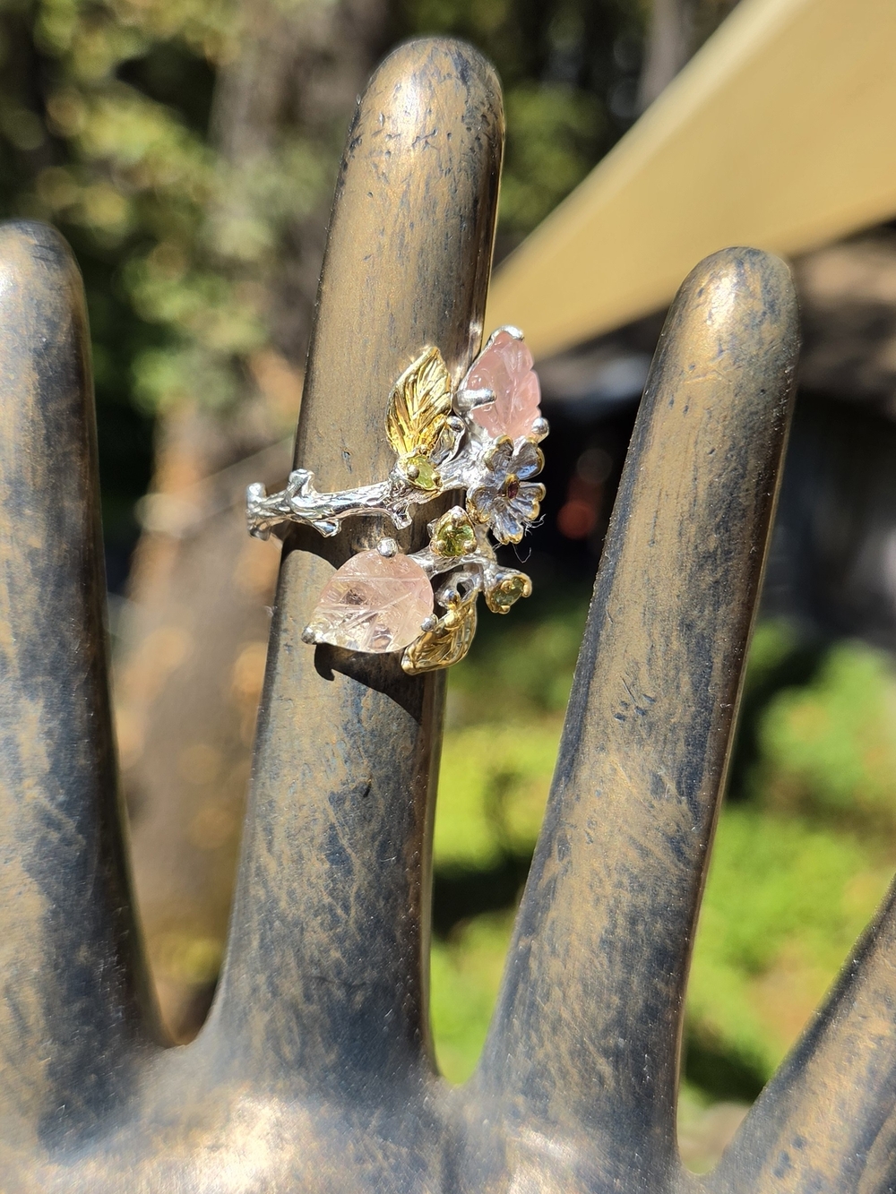 Pink Tourmaline Peridot & Garnet Sterling & Gold Finger Cuff Sz6 - Picture 5 of 11